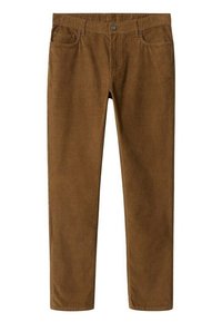 Pantalon en velours côtelé marron à jambes droites avec poches avant, passants pour ceinture et fermeture par bouton.