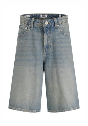 Lichtblauwe denimshorts met een rechte pasvorm en een hoge taille. Voorzien van een knoop- en ritssluiting en vijf zakken met stikseldetails.