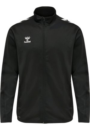 Black athletic jacket with a high collar, full zipper, and white logo. Features side pockets and white chevron accents on shoulders.