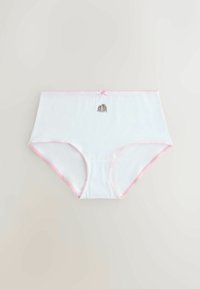 Sous-vêtement féminin blanc en coton à taille haute avec bordure rose, petit motif brodé et détail de nœud au centre de la taille.