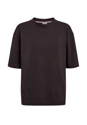 Camiseta de manga corta de color marrón oscuro con un ajuste relajado. El cuello redondo presenta un ribete de encaje de color rosa pálido. Tejido liso y ligero.