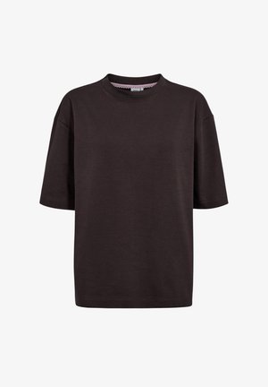 Donkerbruine, korte mouwen, losse pasvorm t-shirt. Ronde hals met een lichtroze kanten randje. Soepele, lichte stof.