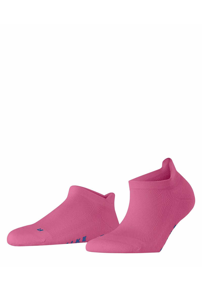 Rosa Knöchelsocken aus einem glatten, dehnbaren Stoff mit geripptem Muster und verstärktem Zehenbereich. Mit einem blauen Markenlogo an der Seite.