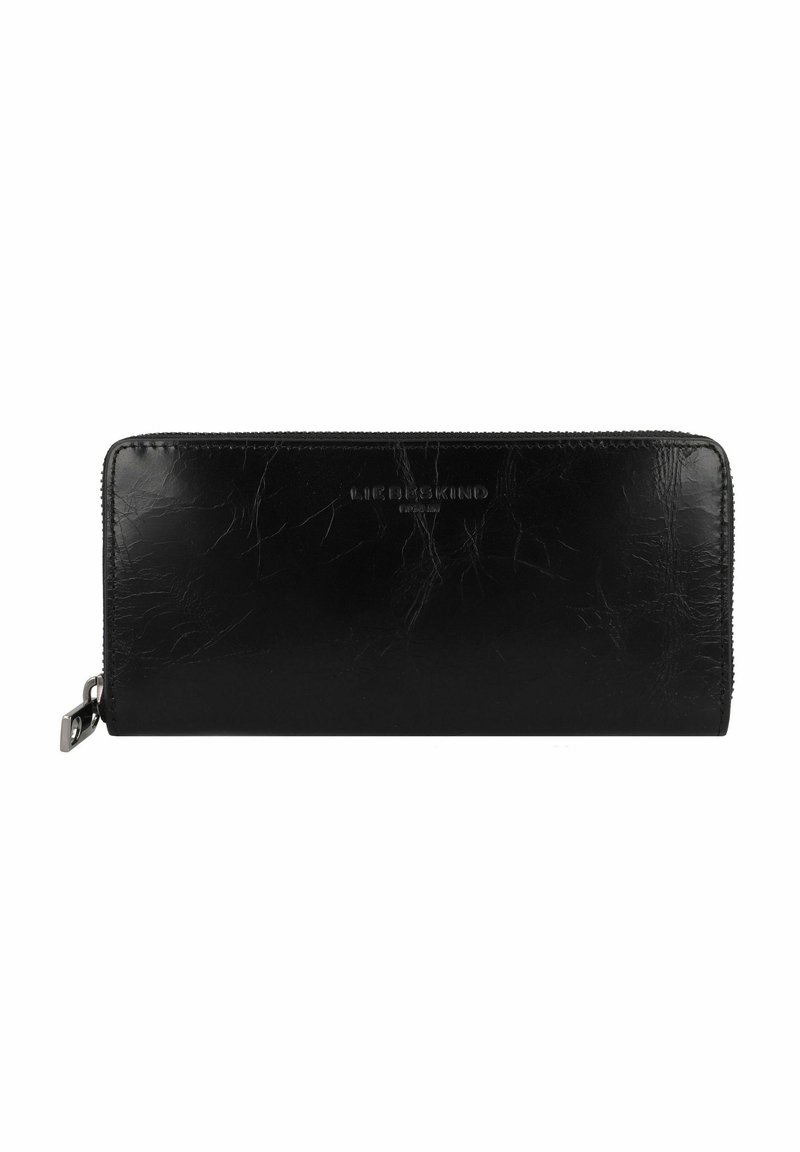 Portafoglio in pelle nera con superficie liscia e testurizzata, chiusura con zip e logo del marchio impresso sul davanti. Forma compatta e rettangolare.