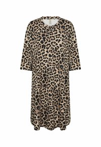 Leopardmönstrad klänning i beige tyg med svarta fläckar. Har rund halsringning och trekvartslånga ärmar, som vidgar sig från midjan.
