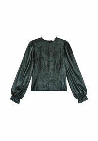 Ciemnozielona bluzka z długim rękawem o lekkim połysku, z okrągłym dekoltem, teksturowanym materiałem i marszczonymi mankietami.