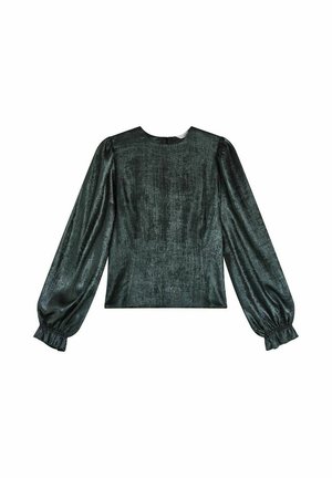 Mörkgrön långärmad topp med en lätt glans, med rund halsringning, texturerad tyg och rynkade manschetter.