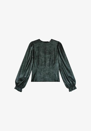 Dunkelgrünes Langarmoberteil mit leichtem Schimmer, runder Ausschnitt, strukturiertem Stoff und gerafften Bündchen.