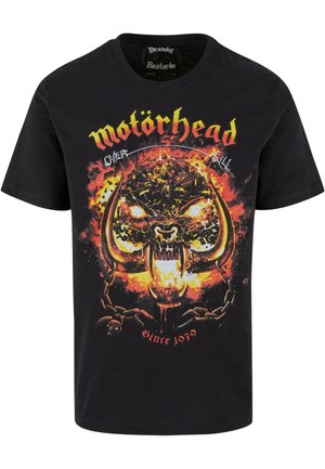 Tricou negru cu mânecă scurtă, confecționat din bumbac, având un imprimeu grafic colorat cu un craniu cu coarne, flăcări și textul "Motörhead Overkill Since 1979."
