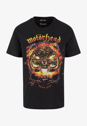 Černé tričko s krátkým rukávem vyrobené z bavlny, s barevným grafickým potiskem lebky s rohy, plameny a textem "Motörhead Overkill Since 1979."