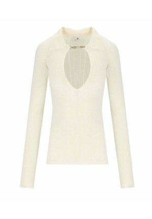 Maglia a maniche lunghe color crema con texture a coste, presenta un profondo scollo a V con un'apertura e un colletto, messo in risalto da un dettaglio in hardware color oro.