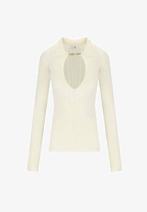 Maglia a maniche lunghe color crema con texture a coste, presenta un profondo scollo a V con un'apertura e un colletto, messo in risalto da un dettaglio in hardware color oro.