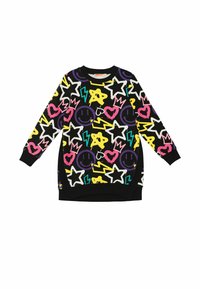 Schwarzer Pullover mit bunten Mustern, die Smiley-Gesichter, Sterne, Herzen und Blitze zeigen. Gerippte Bündchen und Saum. Weicher Stoff.