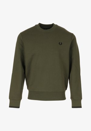 Sweat-shirt à manches longues vert olive avec col rond, poignets et ourlet côtelés, arborant un petit logo couronne de laurier noire sur la poitrine gauche.