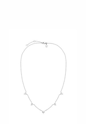 Collana in argento con cinque pendenti triangulari, ognuno decorato con una gemma trasparente, con chiusura e lunghezza della catena regolabile.