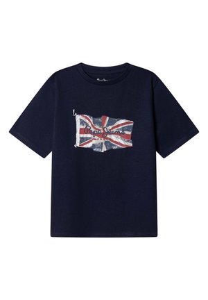 T-shirt blu navy a maniche corte con una bandiera Union Jack consumata e il logo "Pepe Jeans London" stampato al centro.