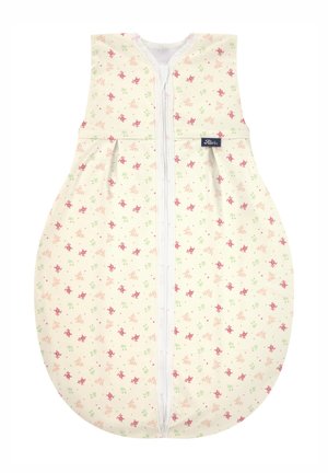 Baumwollschlafsack mit cremefarbigem Hintergrund. Verfügt über ein florales Muster in Pink und Grün. Reißverschluss vorne und ärmelloses Design.