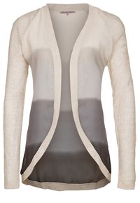 Ljust beige öppen cardigan med gradient från grått till svart, genomskinlig kropp och långa  ärmar i texturerad stickning.