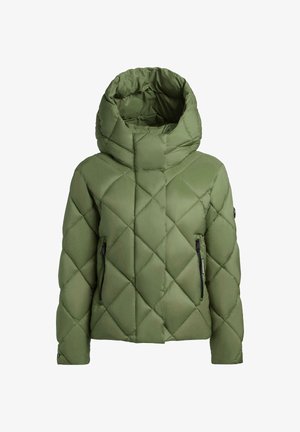 Giacca puffer verde oliva con motivo a rombi, cappuccio alto, due tasche con zip, texture liscia e finitura in morbido tessuto.