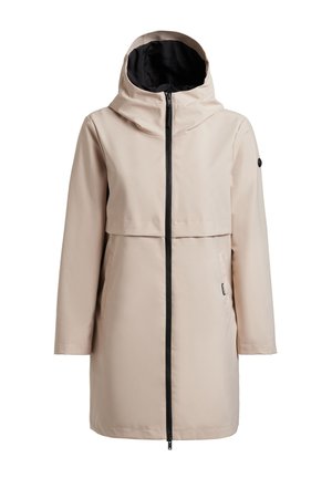 Trench bej cu glugă lungă, cu fermoar negru și buzunare laterale, proiectat pentru protecție împotriva vremii și purtare casual.
