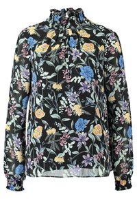 Blouse noire à manches longues avec col montant à volants et motif floral multicolore en jaune, bleu, violet et rose.
