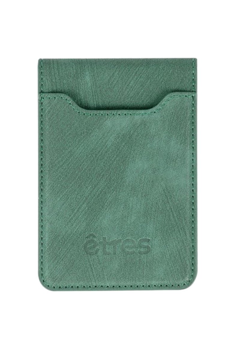 Green leather cardholder with a textured finish, featuring a top slot and embossed logo. Rounded edges and fine stitching detail.