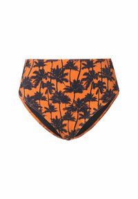Slip bikini a vita alta in arancione con motivo di palme nere; tessuto elasticizzato, texture liscia, bordi neri a contrasto.