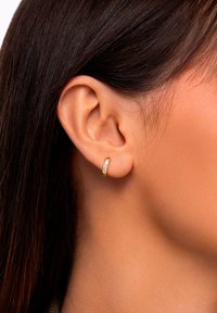 Boucle d'oreille en or avec une texture lisse, comportant une rangée de petites pierres précieuses claires à l'avant. Vue en gros plan près de l'oreille.