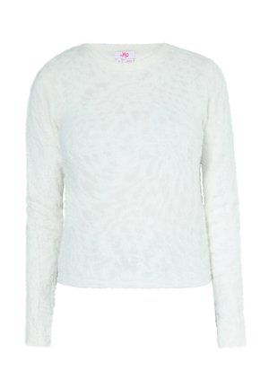 Weißer, langärmeliger Pullover aus weichem, kuscheligem Material mit leicht strukturierter Oberfläche und rundem Ausschnitt.