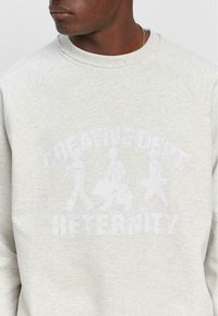 Helles graues Sweatshirt mit Raglanärmeln, das einen verblassten weißen grafischen Text und Figuren zeigt. Weicher, strukturierter Stoff.