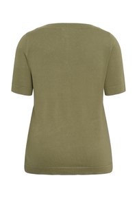 Haut en maille à manches courtes vert olive uni, vu de dos avec un col rond et des poignets ajustés aux manches.