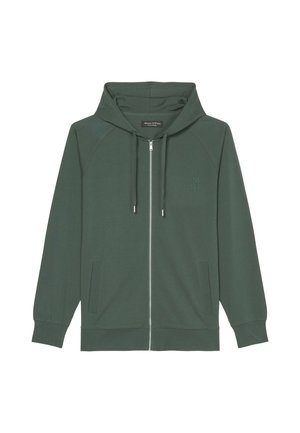 Huvtröja med dragkedja i mörkgrön, tillverkad av mjukt material. Har raglanärmar, två framfickor och en liten pr Präglad logotyp.