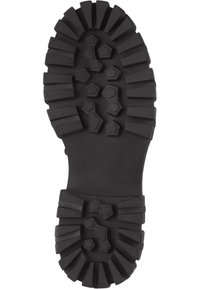 Semelle en caoutchouc noir avec des crampons profonds et des motifs hexagonaux. Dotée de sections surélevées pour une meilleure adhérence. Taille indiquée comme 38. Surface texturée pour plus de durabilité.