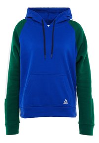 Blå huvtröja med gröna raglanärmar, framficka, svarta snören och liten Reebok-logotyp vid nederkanten.