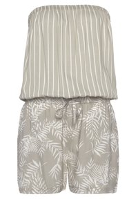 Lichte, straploze romper in taupe met verticale strepen aan de bovenkant en een bladerenprint in het wit op de shorts. Elastische taille met een aantrekkoord.