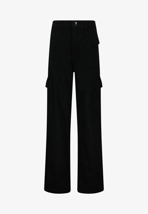 Zwarte cargobroek met een losse pasvorm, twee steekzakken aan de zijkant en een ritssluiting met knoopsluiting. Gemaakt van duurzaam stof met een gladde textuur.