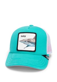 Gorra de tela turquesa con una parte trasera de malla blanca, que presenta un parche gráfico de un tiburón y la palabra "baby". Visera curva y correa ajustable.
