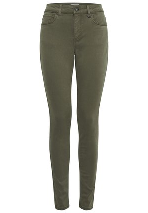 Olivgrüne Skinny Jeans aus glattem Stoff, mit einer mittelhohen Taille, Fronttaschen, Gürtelschlaufen und einem einzelnen Knopfverschluss.