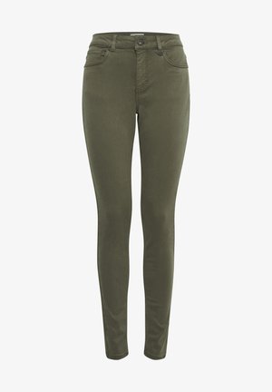 Olivgröna skinny jeans av mjukt tyg, med midja som sitter mitt på, framfickor, bälteshällor och en enda knappstängning.