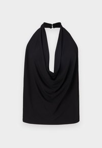 Mustat halterneck-topit syvällä kaula-aukkolla, valmistettu pehmeästä kankaasta. Varustettu takana lukolla ja drapeeratulla muotoilulla lisäämään tekstuuria.