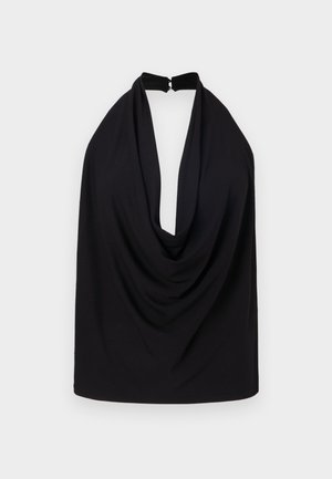 Čierny halter top s hlbokým výstrihom, vyrobený z jemnej látky. Obsahuje uzáver na zadnej strane a drapériu pre pridanie textúry.