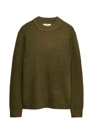 Suéter de punto verde oliva con cuello redondo, patrón texturizado y puños y dobladillo acanalados. Hecho de un material suave y cálido.