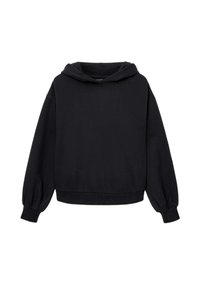 Zwarte hoodie van zachte stof, met een comfortabele pasvorm, ballonmouwen en een brede zoom. Inclusief een ruime, ronde capuchon.
