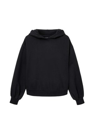 Schwarze Kapuzenjacke aus weichem Material, mit lockerer Passform, Ballonärmeln und weitem Saum. Enthält eine geräumige, runde Kapuze.