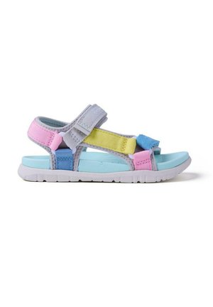 Sandalia de dedo para niños con correas ajustables en tonos pastel rosa, azul y amarillo, plantilla azul claro y suela blanca.