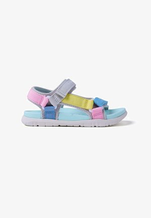 Sandale ouverte pour enfants avec des brides ajustables pastel en rose, bleu et jaune, une semelle intérieure bleu clair et une semelle blanche.