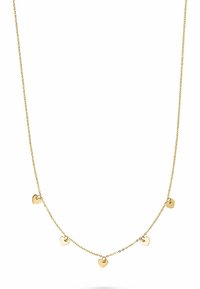 Gold necklace with five small heart-shaped pendants, delicate chain design, polished finish, and evenly spaced accents.