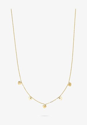 Goldkette mit fünf kleinen herzförmigen Anhängern, zarter Kettendesign, polierte Oberfläche und gleichmäßig verteilte Akzente.
