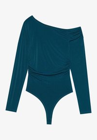 Bodysuit à manches longues teal avec un design asymétrique, texture froncée d'un côté et finition lisse. Présente une coupe thong en bas.