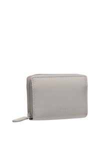 Portafoglio in pelle grigia con una texture liscia, forma rettangolare, chiusura a zip e design minimalista con un marchio discreto.